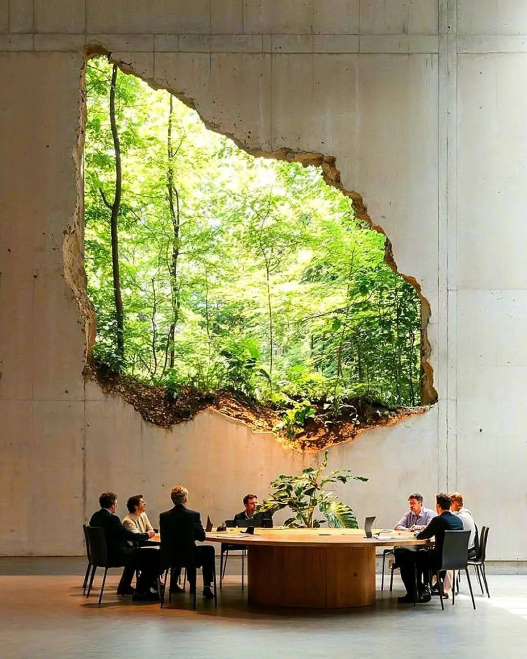 Meeting table beneath an opening to the forest